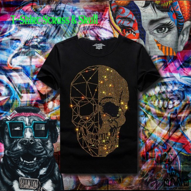 T-SHIRT HOMME TENDANCE - MANCHES COURTES - 100 % COTON - STRASS ET SKULL 38,99 € | My Major Market