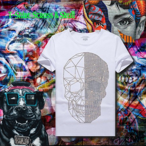 T SHIRT HOMME TENDANCE MANCHES COURTES 100 COTON STRASS ET SKULL