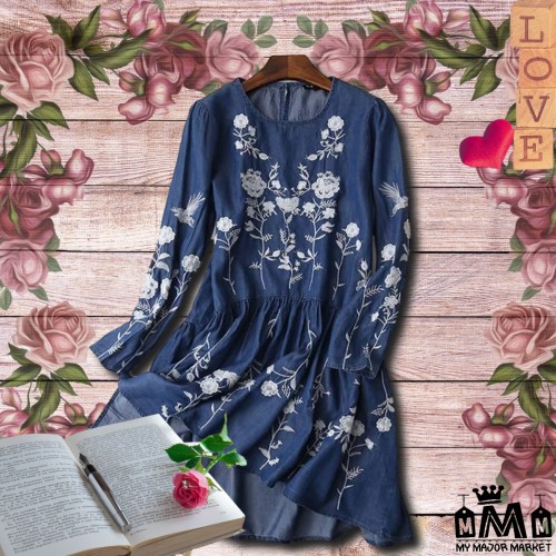 ROBE DENIM - BRODERIE FLORALE - MANCHES LONGUES 40,99 € | My Major Market