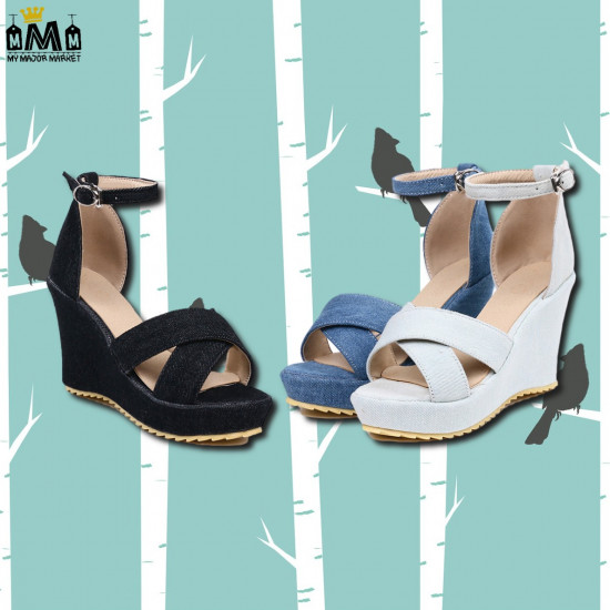 SANDALES POUR FEMME - COMPENSÉE EN JEAN - SAISON ÉTÉ 53,99 € | My Major Market