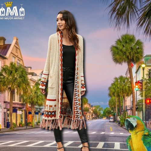 GILET LONG À FRANGES POUR FEMME - BOHO CHIC - MEXICO STYLE - AUTOMNE - HIVER 110,99 € | My Major Market